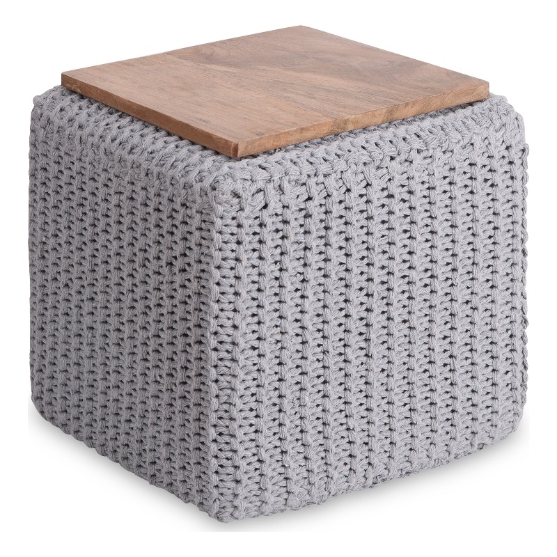 Posh Living Desean Cotton Yarn 3-in-1 Pouf/Ottoman/End Table Light Grey