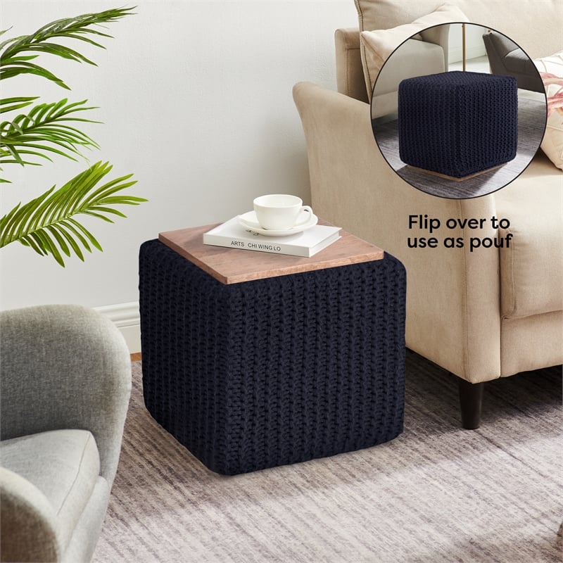 Posh Living Desean Cotton Yarn 3-in-1 Pouf/Ottoman/End Table Navy