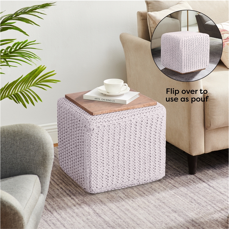 Posh Living Desean Cotton Yarn 3-in-1 Pouf/Ottoman/End Table White