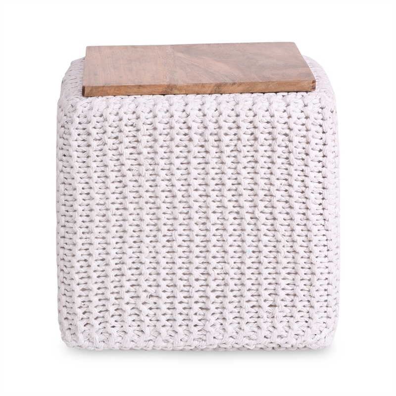 Posh Living Desean Cotton Yarn 3-in-1 Pouf/Ottoman/End Table White