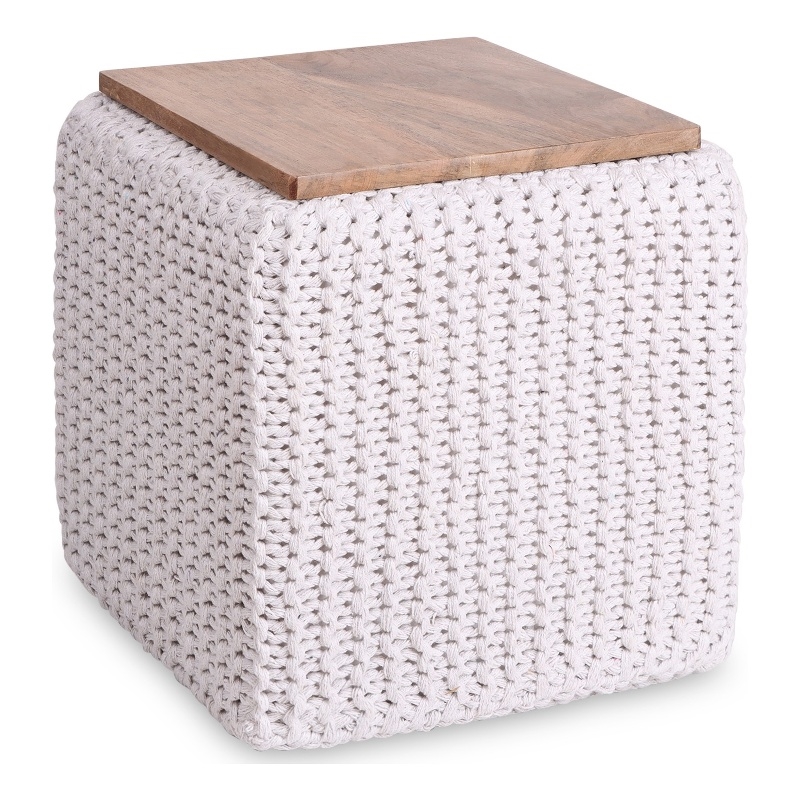 Posh Living Desean Cotton Yarn 3-in-1 Pouf/Ottoman/End Table White