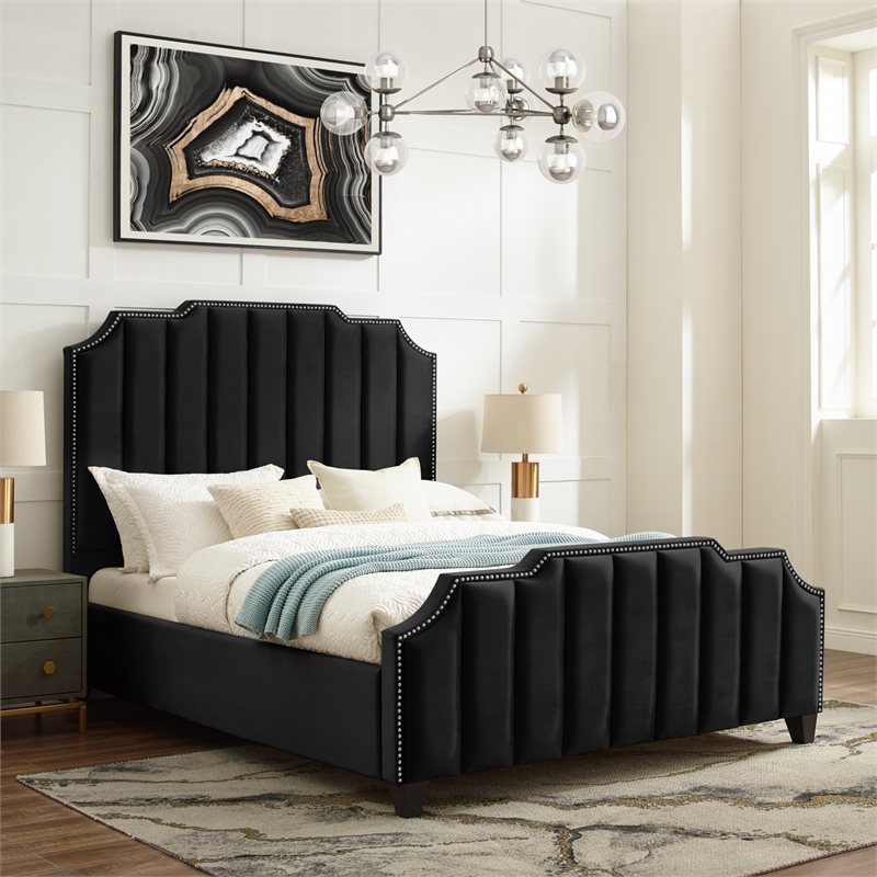Posh Living Raylon Velvet Platform Bed Queen Size Black