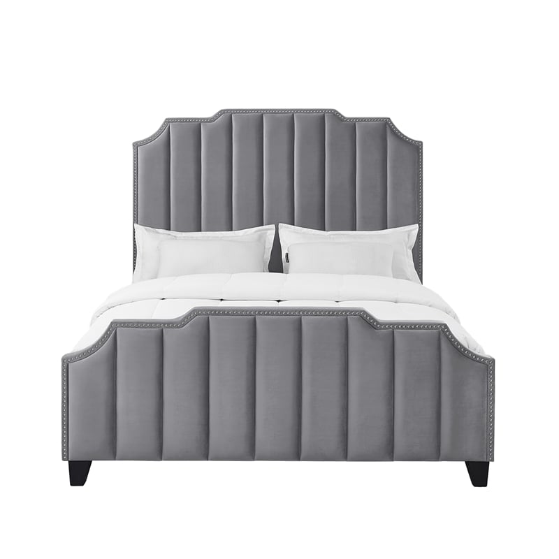 Posh Living Raylon Velvet Platform Bed Queen Size Grey