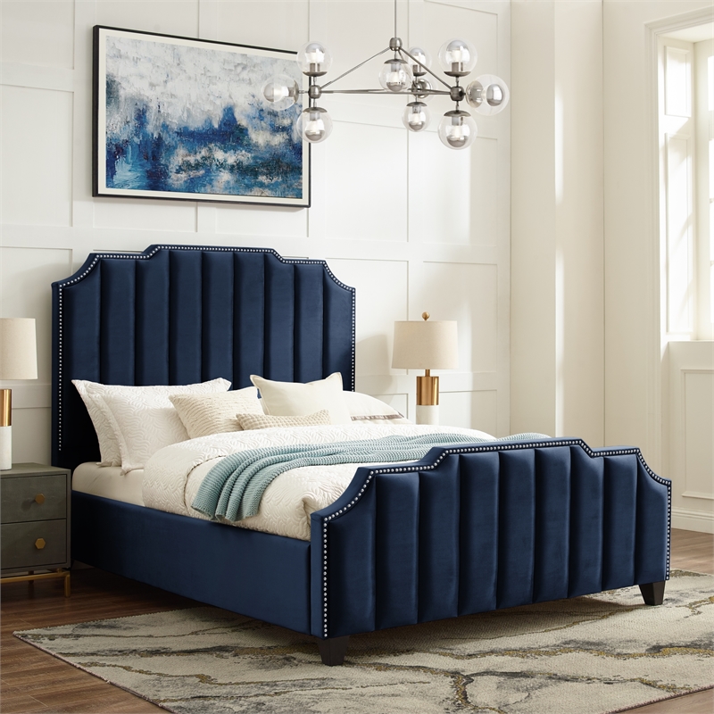 Posh Living Raylon Velvet Platform Bed Queen Size Navy