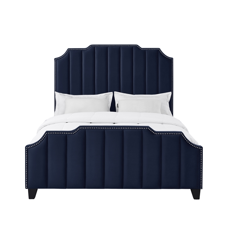 Posh Living Raylon Velvet Platform Bed Queen Size Navy