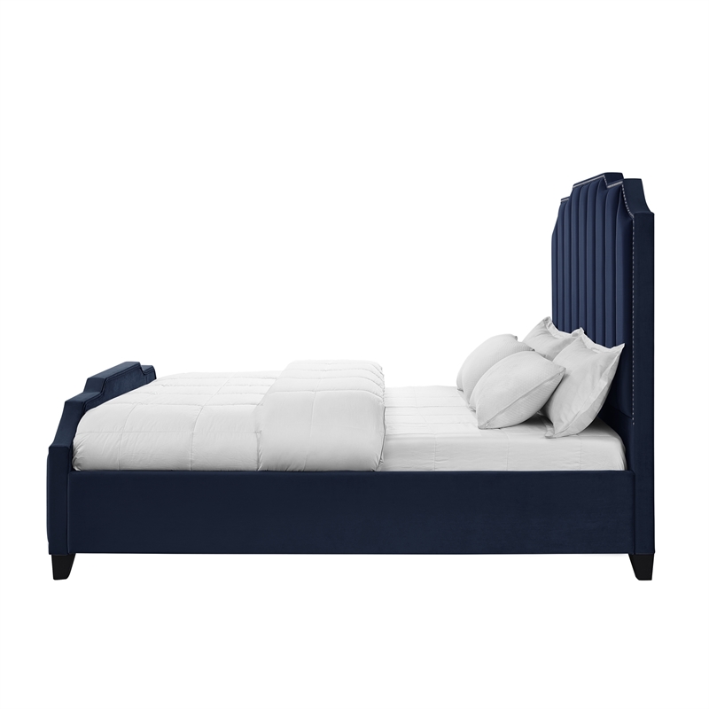 Posh Living Raylon Velvet Platform Bed Queen Size Navy