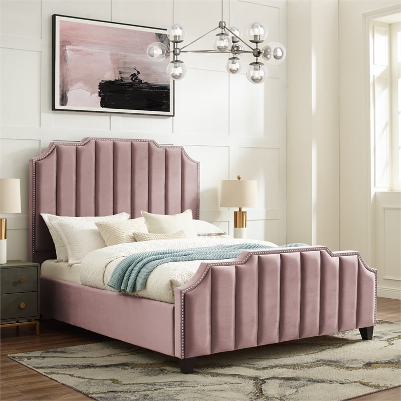 Posh Living Raylon Velvet Platform Bed Queen Size Pink