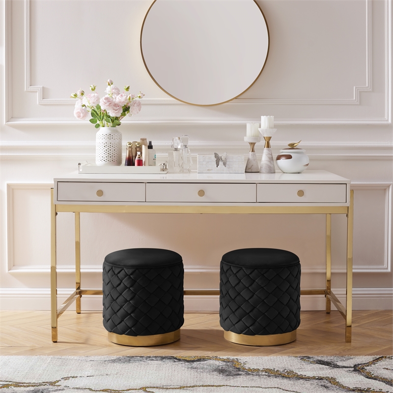 Ester Ottoman Black/Gold Velvet 14.6L x 14.6W x 17H Upholstered Woven Pattern