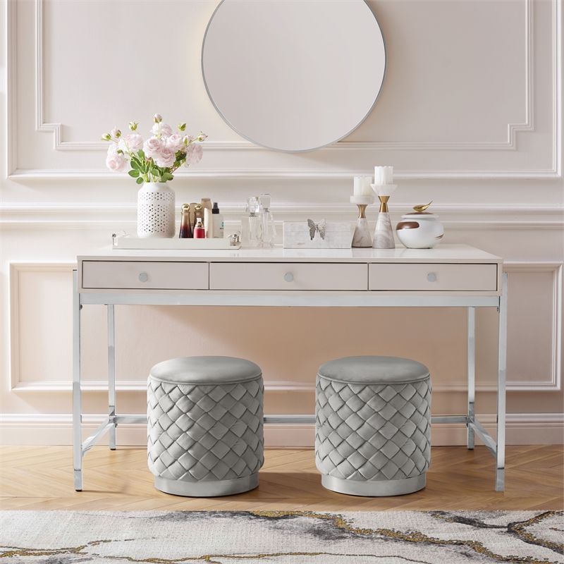 Ester Ottoman Grey/Chrome Velvet 14.6L x 14.6W x 17H Upholstered Woven Pattern