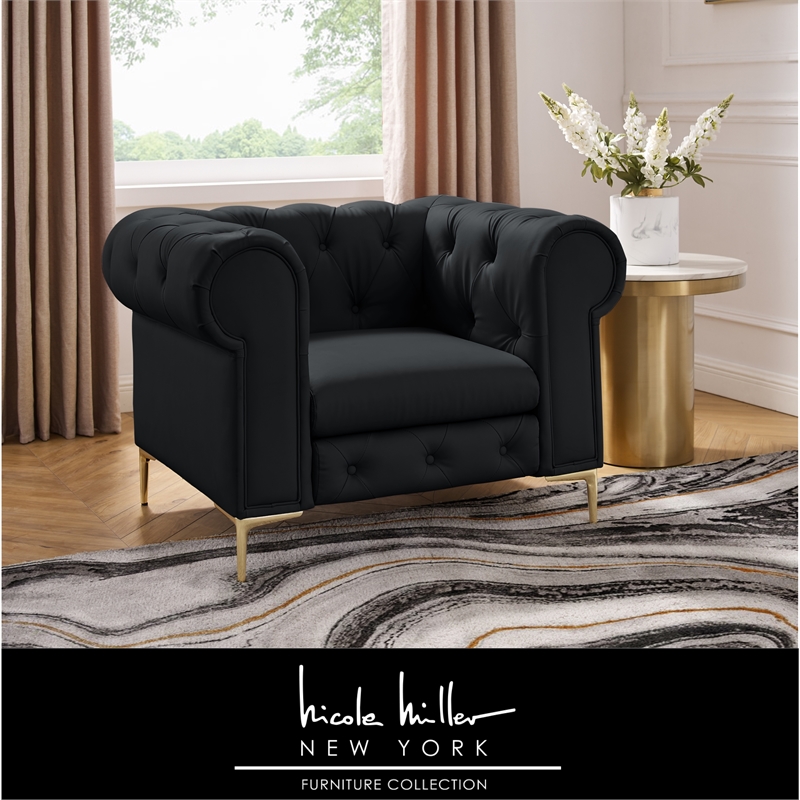 Renesmee Club Chair Black Leather PU Button Tufted Rolled Arms