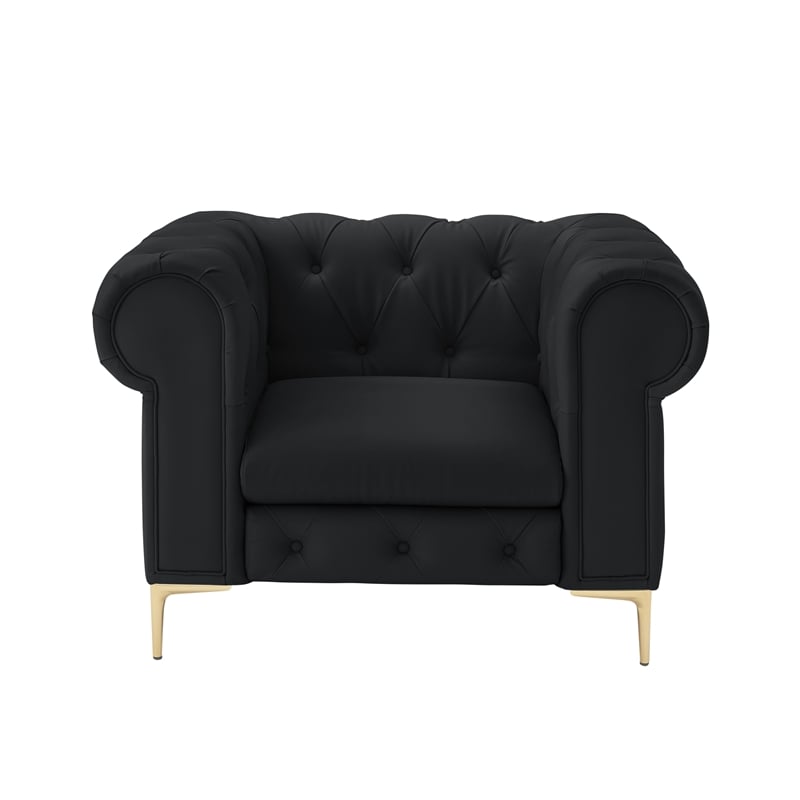 Renesmee Club Chair Black Leather PU Button Tufted Rolled Arms