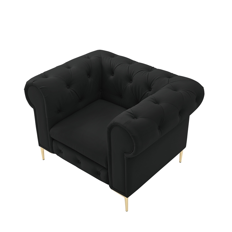 Renesmee Club Chair Black Leather PU Button Tufted Rolled Arms
