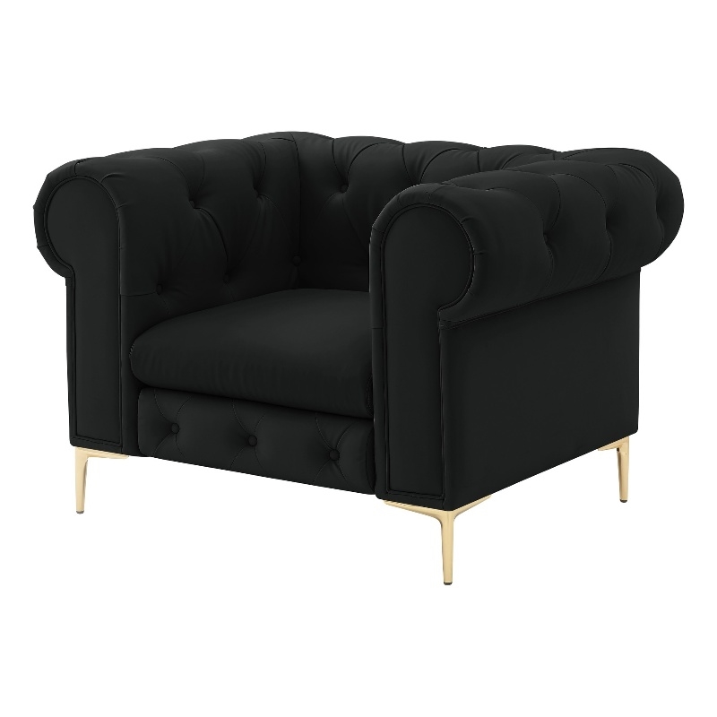 Renesmee Club Chair Black Leather PU Button Tufted Rolled Arms