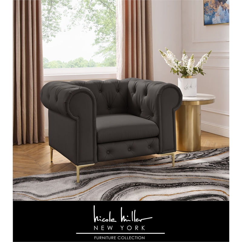 Renesmee Club Chair Brown Leather PU Button Tufted Rolled Arms