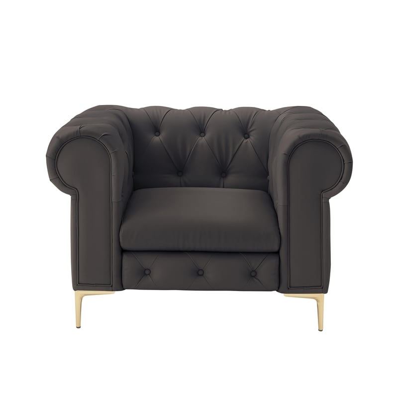 Renesmee Club Chair Brown Leather PU Button Tufted Rolled Arms