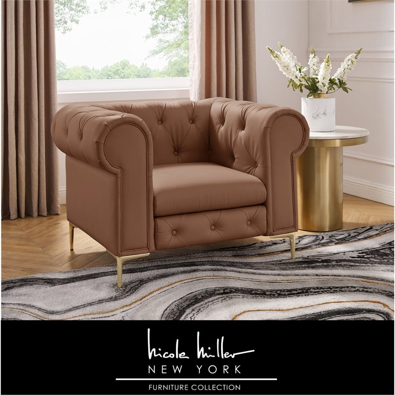 Renesmee Club Chair Camel Leather PU Button Tufted Rolled Arms