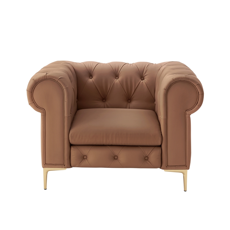 Renesmee Club Chair Camel Leather PU Button Tufted Rolled Arms