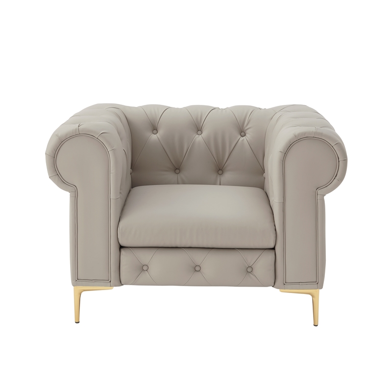 Renesmee Club Chair Gray Leather PU Button Tufted Rolled Arms