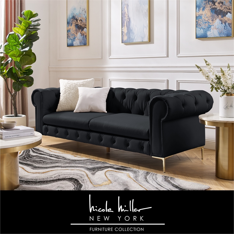 Renesmee Sofa Black Leather PU Button Tufted 3 Seat Rolled Arms