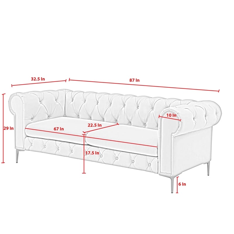 Renesmee Sofa Black Leather PU Button Tufted 3 Seat Rolled Arms