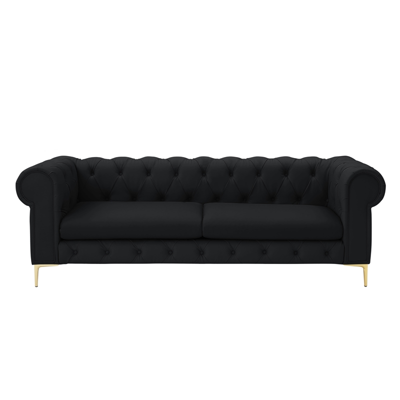 Renesmee Sofa Black Leather PU Button Tufted 3 Seat Rolled Arms