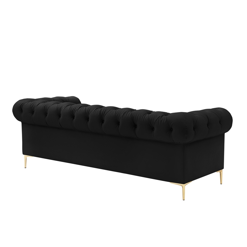 Renesmee Sofa Black Leather PU Button Tufted 3 Seat Rolled Arms