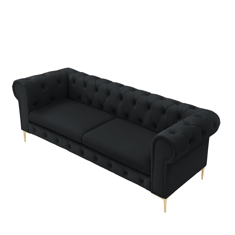 Renesmee Sofa Black Leather PU Button Tufted 3 Seat Rolled Arms