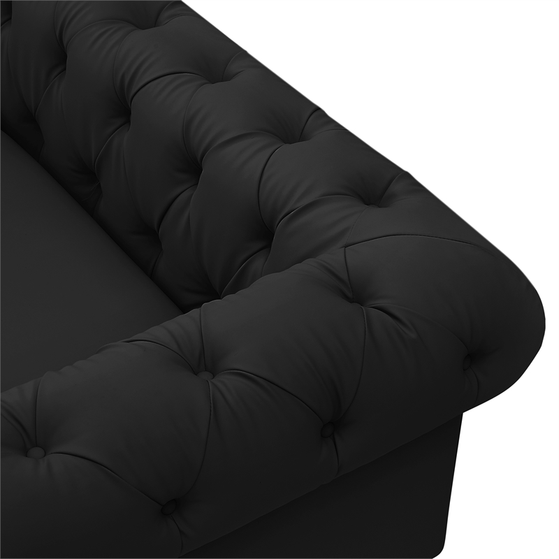 Renesmee Sofa Black Leather PU Button Tufted 3 Seat Rolled Arms