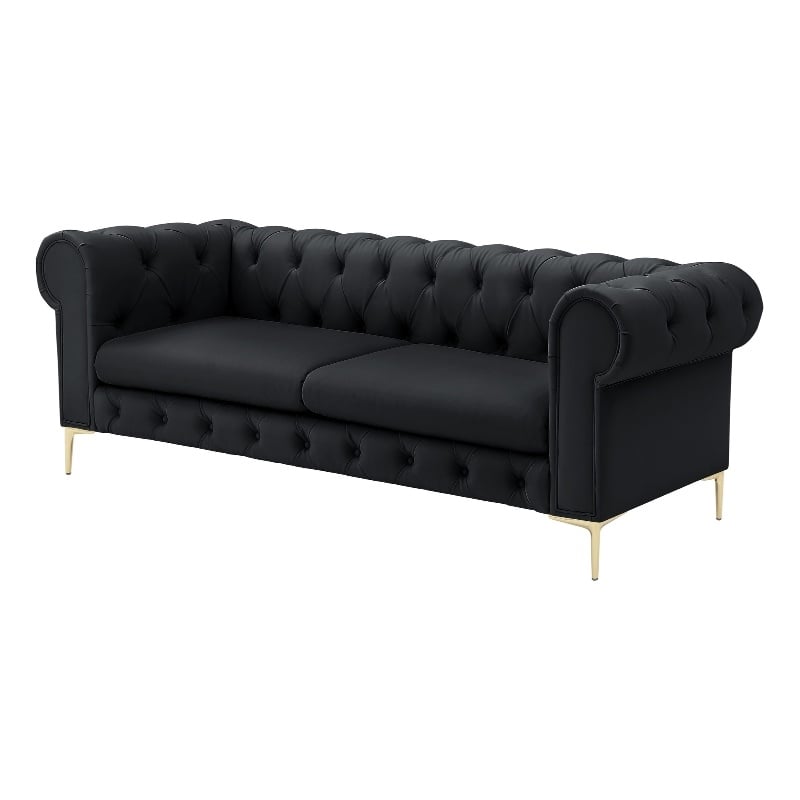 Renesmee Sofa Black Leather PU Button Tufted 3 Seat Rolled Arms