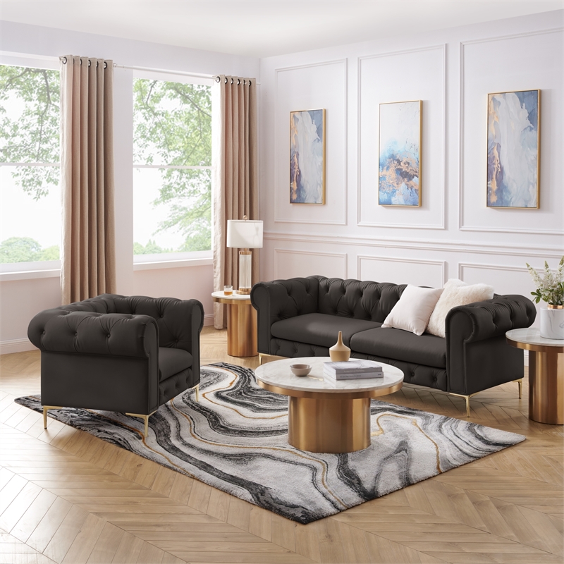 Renesmee Sofa Brown Leather PU Button Tufted 3 Seat Rolled Arms