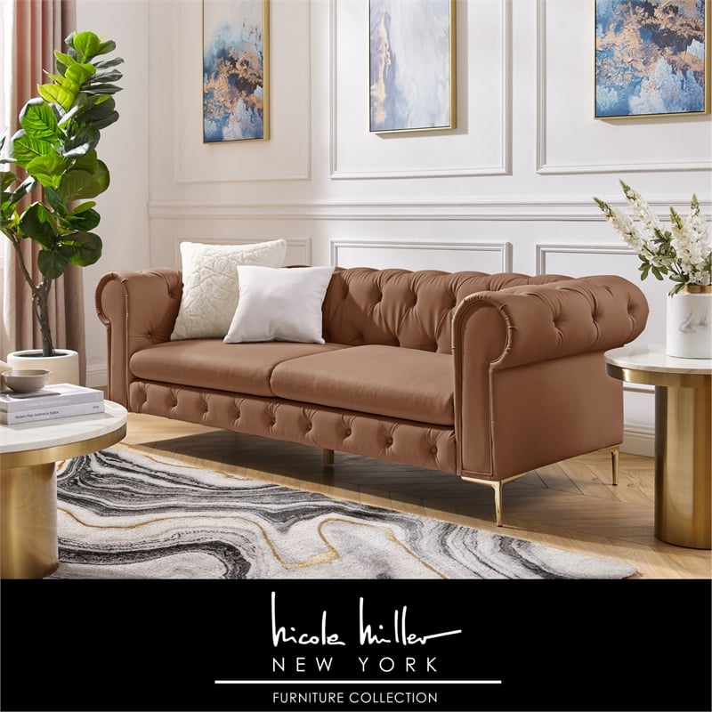 Renesmee Sofa Camel Leather PU Button Tufted 3 Seat Rolled Arms
