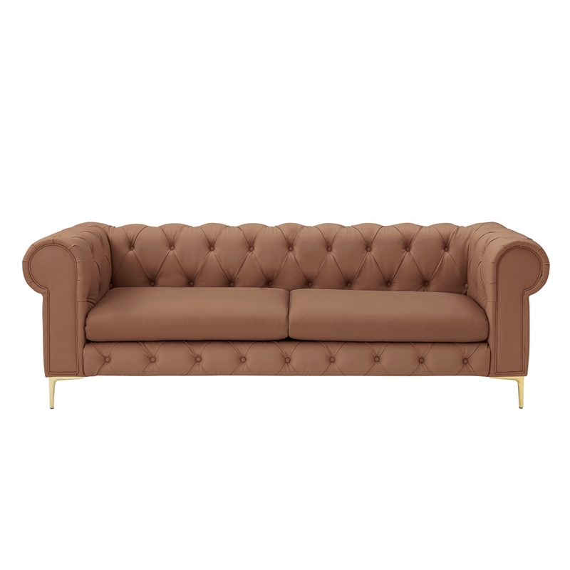 Renesmee Sofa Camel Leather PU Button Tufted 3 Seat Rolled Arms