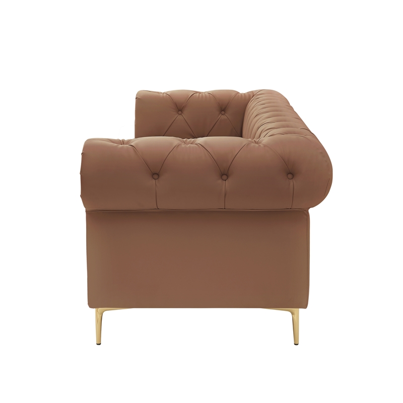 Renesmee Sofa Camel Leather PU Button Tufted 3 Seat Rolled Arms