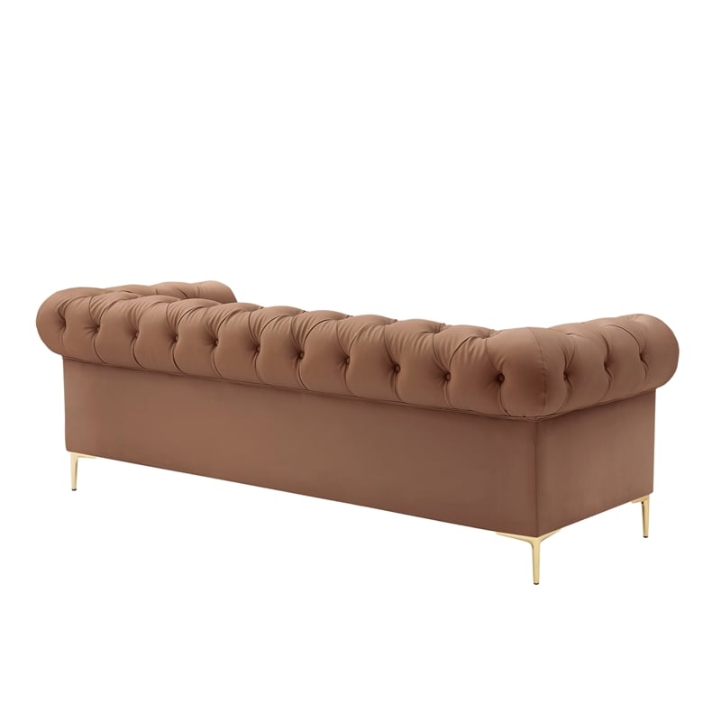 Renesmee Sofa Camel Leather PU Button Tufted 3 Seat Rolled Arms