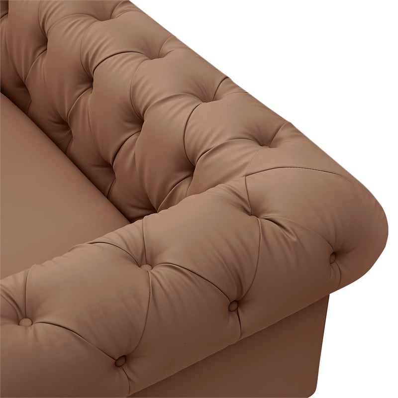 Renesmee Sofa Camel Leather PU Button Tufted 3 Seat Rolled Arms