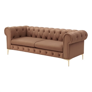Renesmee Sofa Camel Leather PU Button Tufted 3 Seat Rolled Arms