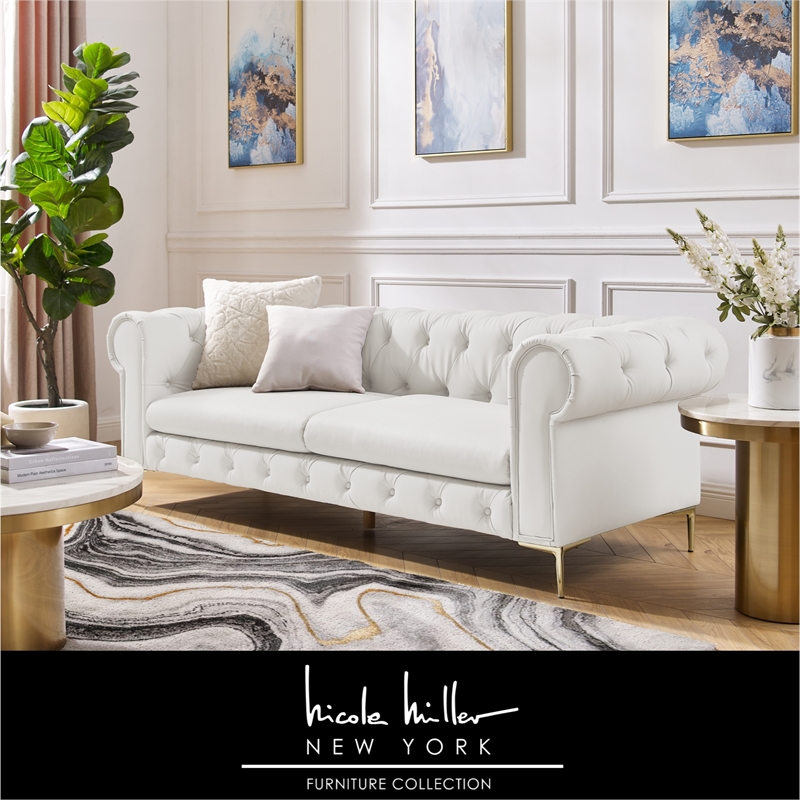 Renesmee Sofa White Leather PU Button Tufted 3 Seat Rolled Arms