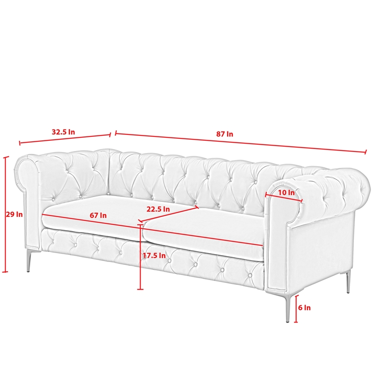Renesmee Sofa White Leather PU Button Tufted 3 Seat Rolled Arms