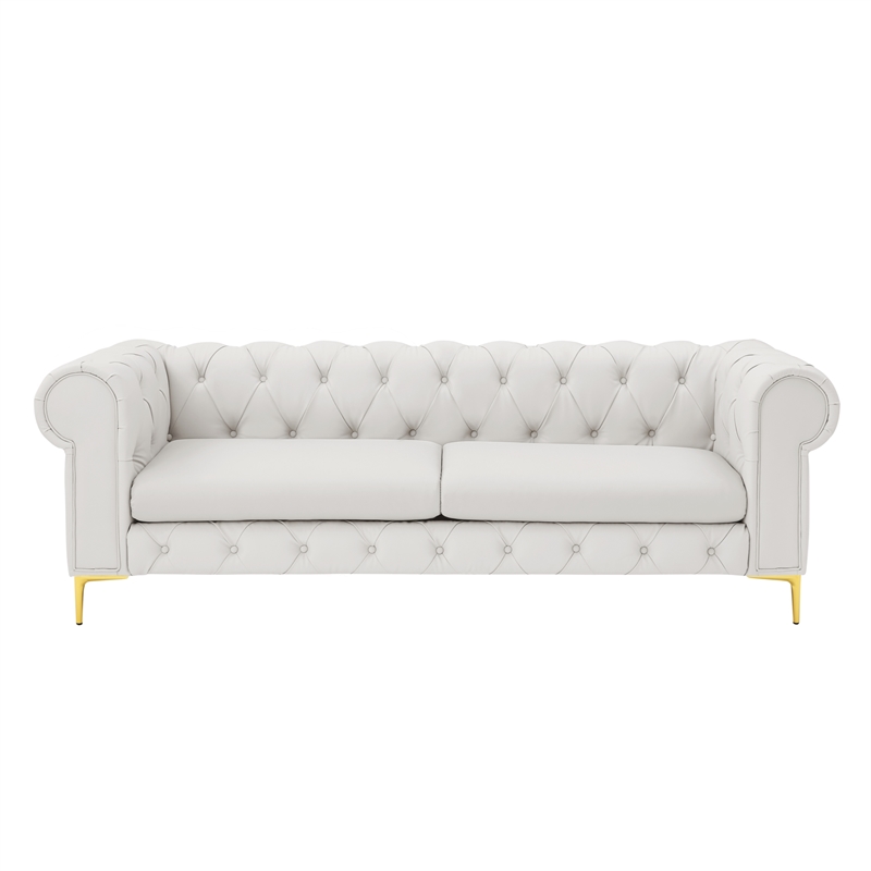 Renesmee Sofa White Leather PU Button Tufted 3 Seat Rolled Arms