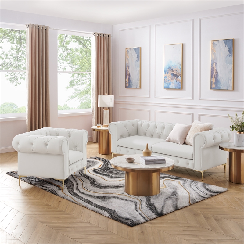 Renesmee Sofa White Leather PU Button Tufted 3 Seat Rolled Arms
