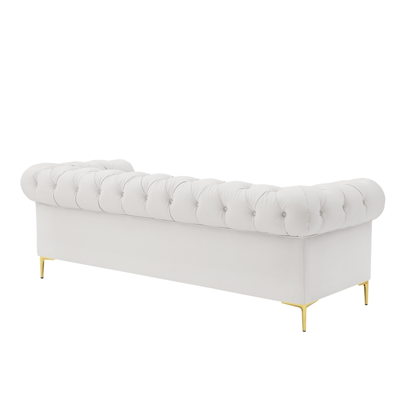 Renesmee Sofa White Leather PU Button Tufted 3 Seat Rolled Arms