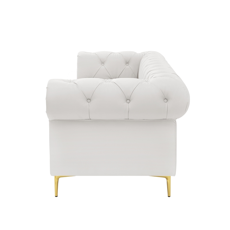 Renesmee Sofa White Leather PU Button Tufted 3 Seat Rolled Arms