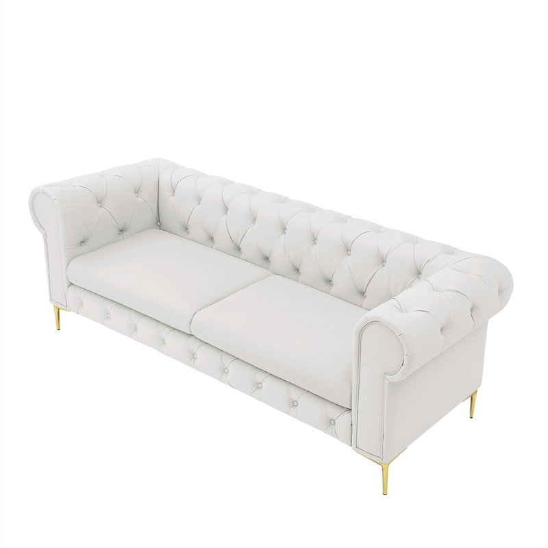 Renesmee Sofa White Leather PU Button Tufted 3 Seat Rolled Arms