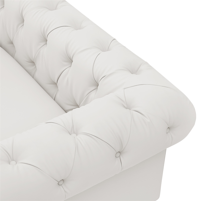 Renesmee Sofa White Leather PU Button Tufted 3 Seat Rolled Arms