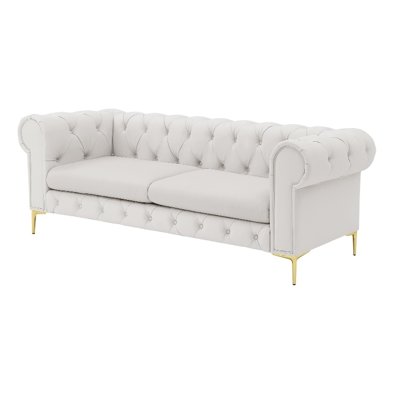 Renesmee Sofa White Leather PU Button Tufted 3 Seat Rolled Arms