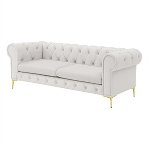 Renesmee Sofa White Leather PU Button Tufted 3 Seat Rolled Arms