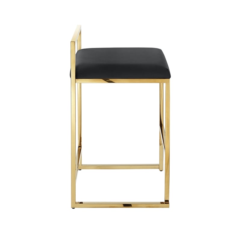 Amyah Bar Stool Black/Gold Leather PU  Geometric Frame Upholstered