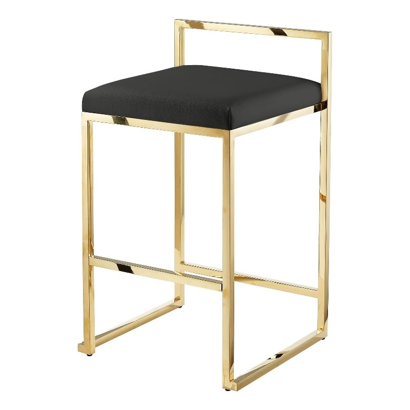 Amyah Bar Stool Black/Gold Leather PU  Geometric Frame Upholstered