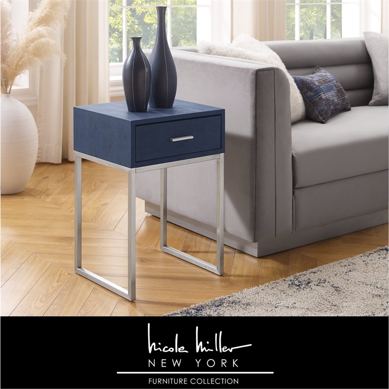 Posh Living Omer Faux Shagreen End Table Navy/Chrome