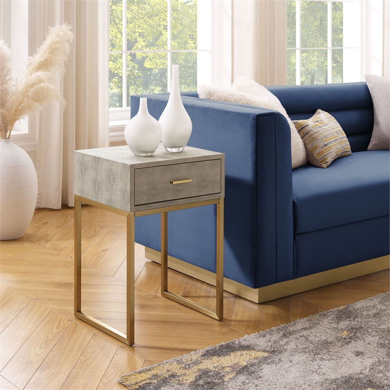 Posh Living Omer Faux Shagreen End Table Cream White/Gold